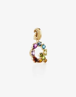 Rainbow alphabet Q 18 kt yellow gold charm with multicolor fine gems