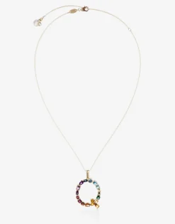 Rainbow alphabet Q pendant in yellow gold with multicolor fine gems