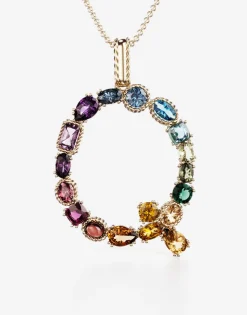 Rainbow alphabet Q pendant in yellow gold with multicolor fine gems