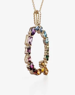 Rainbow alphabet Q pendant in yellow gold with multicolor fine gems