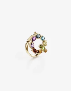 Rainbow alphabet Q ring in yellow gold with multicolor fine gems