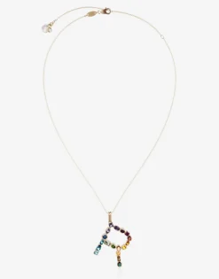 Rainbow alphabet R pendant in yellow gold with multicolor fine gems