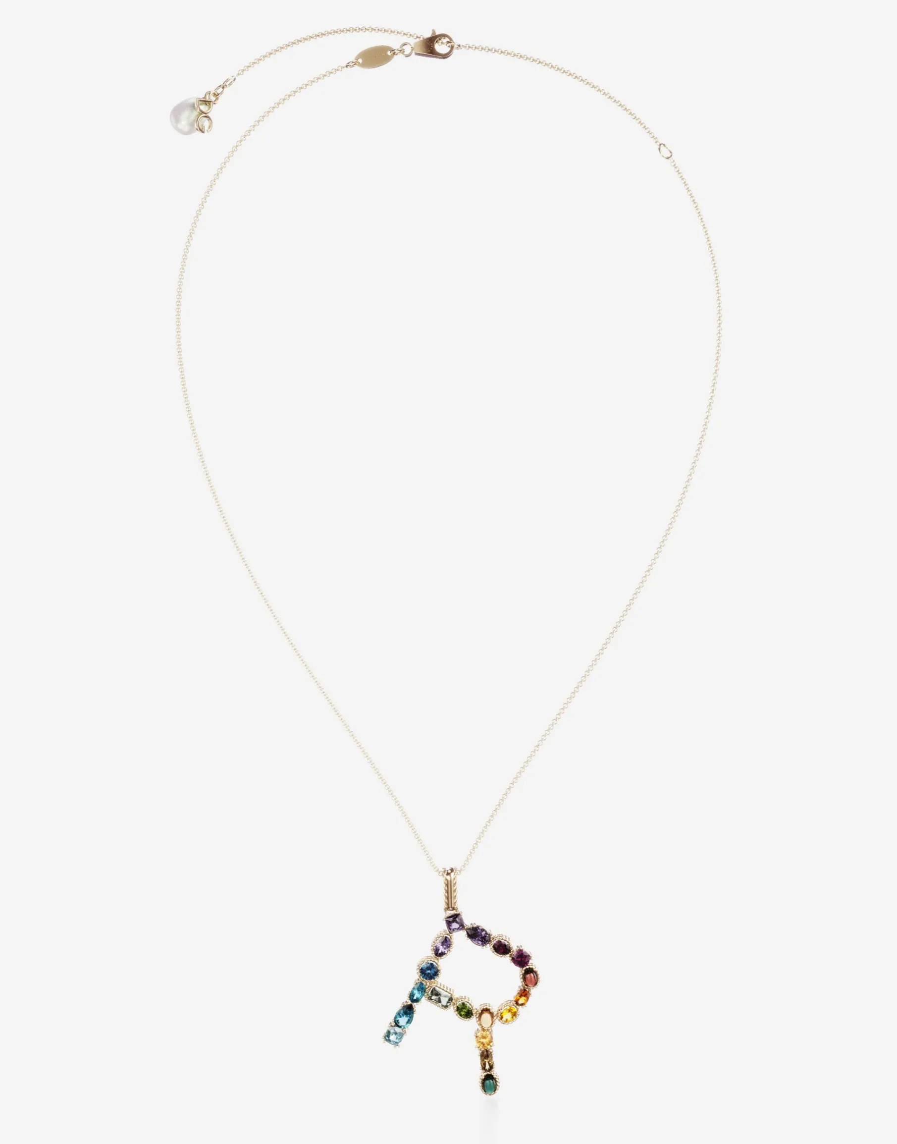 Rainbow alphabet R pendant in yellow gold with multicolor fine gems
