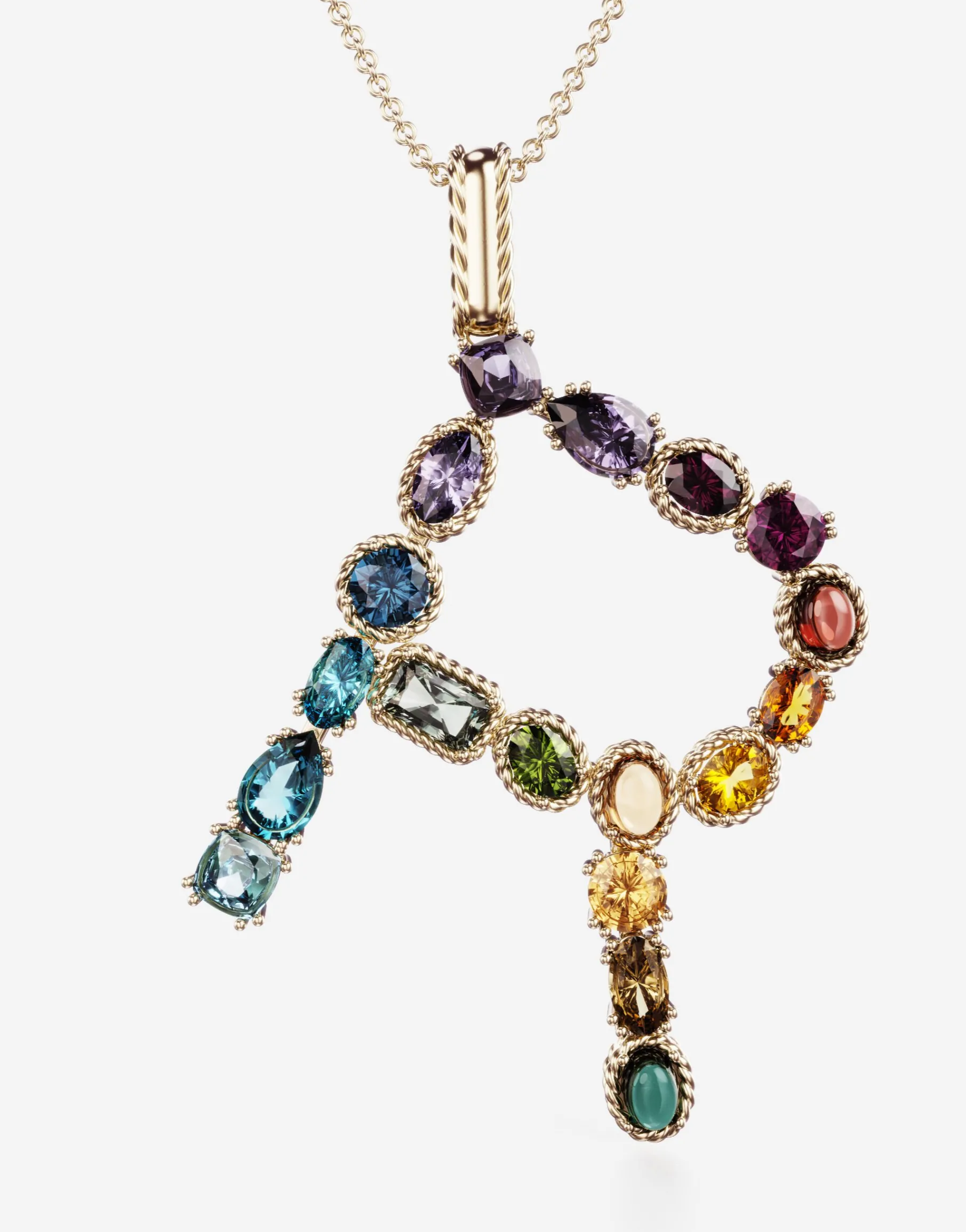 Rainbow alphabet R pendant in yellow gold with multicolor fine gems