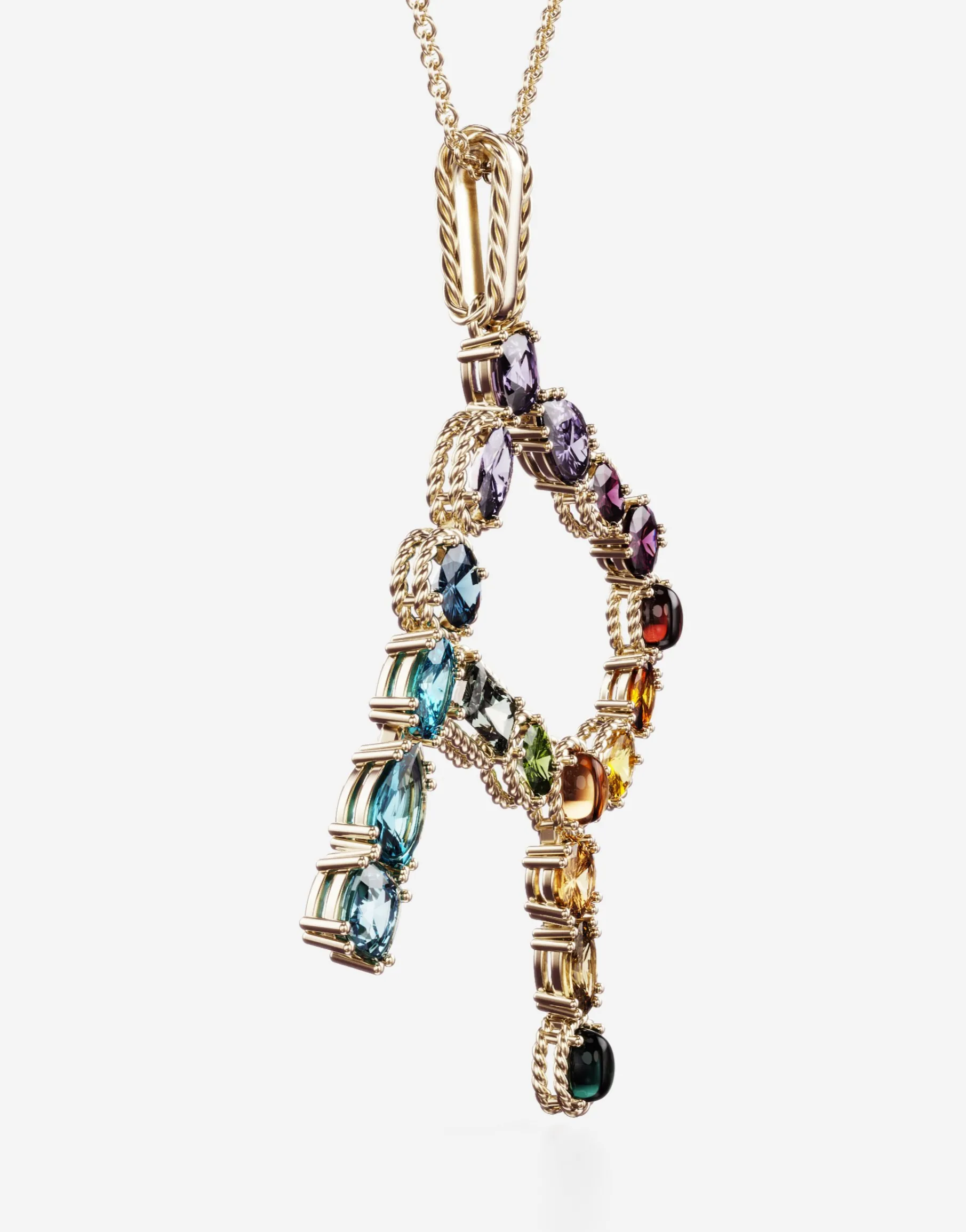 Rainbow alphabet R pendant in yellow gold with multicolor fine gems