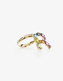 Rainbow alphabet R ring in yellow gold with multicolor fine gems