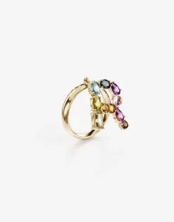 Rainbow alphabet R ring in yellow gold with multicolor fine gems