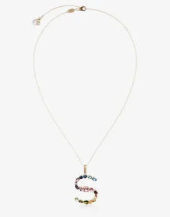 Rainbow alphabet S pendant in yellow gold with multicolor fine gems