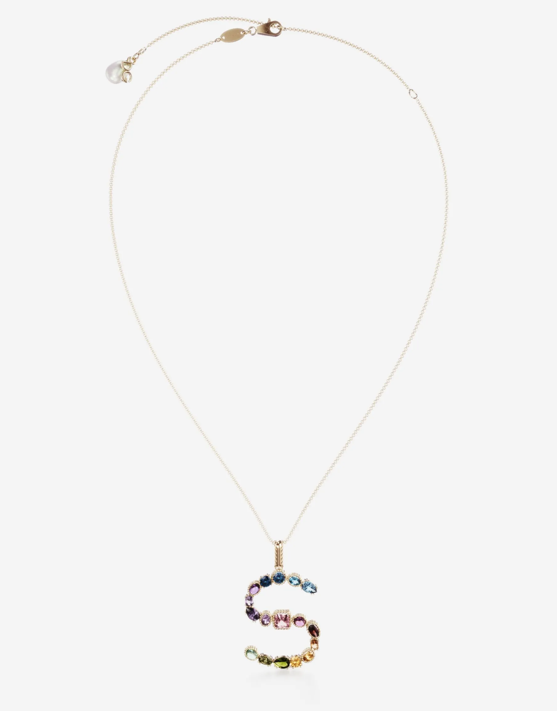 Rainbow alphabet S pendant in yellow gold with multicolor fine gems