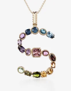 Rainbow alphabet S pendant in yellow gold with multicolor fine gems