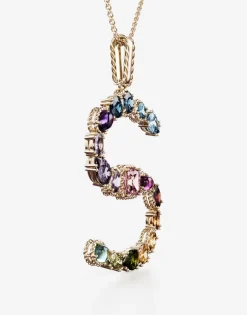Rainbow alphabet S pendant in yellow gold with multicolor fine gems