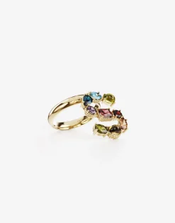 Rainbow alphabet S ring in yellow gold with multicolor fine gems