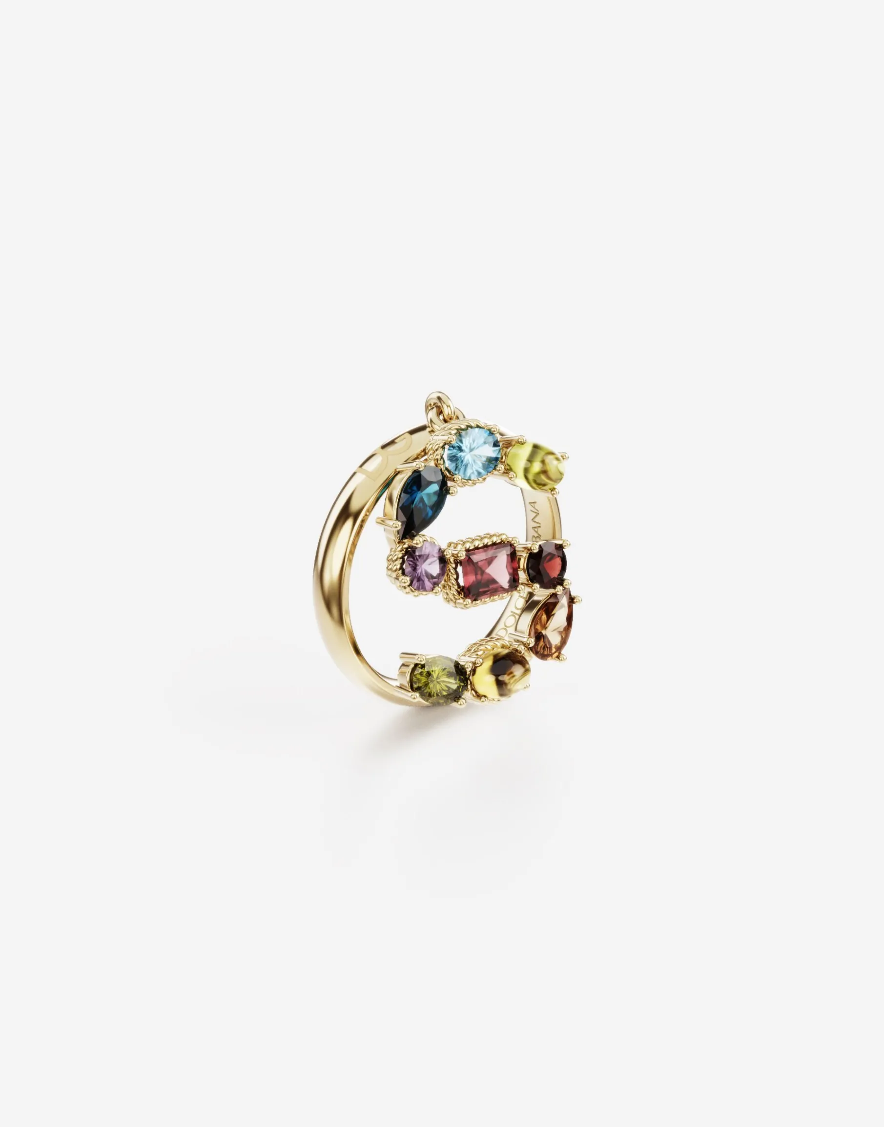 Rainbow alphabet S ring in yellow gold with multicolor fine gems