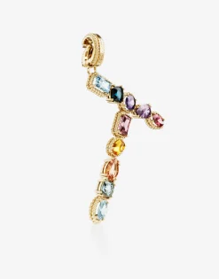 Rainbow alphabet T 18 kt yellow gold charm with multicolor fine gems
