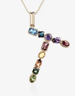Rainbow alphabet T pendant in yellow gold with multicolor fine gems