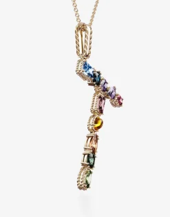 Rainbow alphabet T pendant in yellow gold with multicolor fine gems
