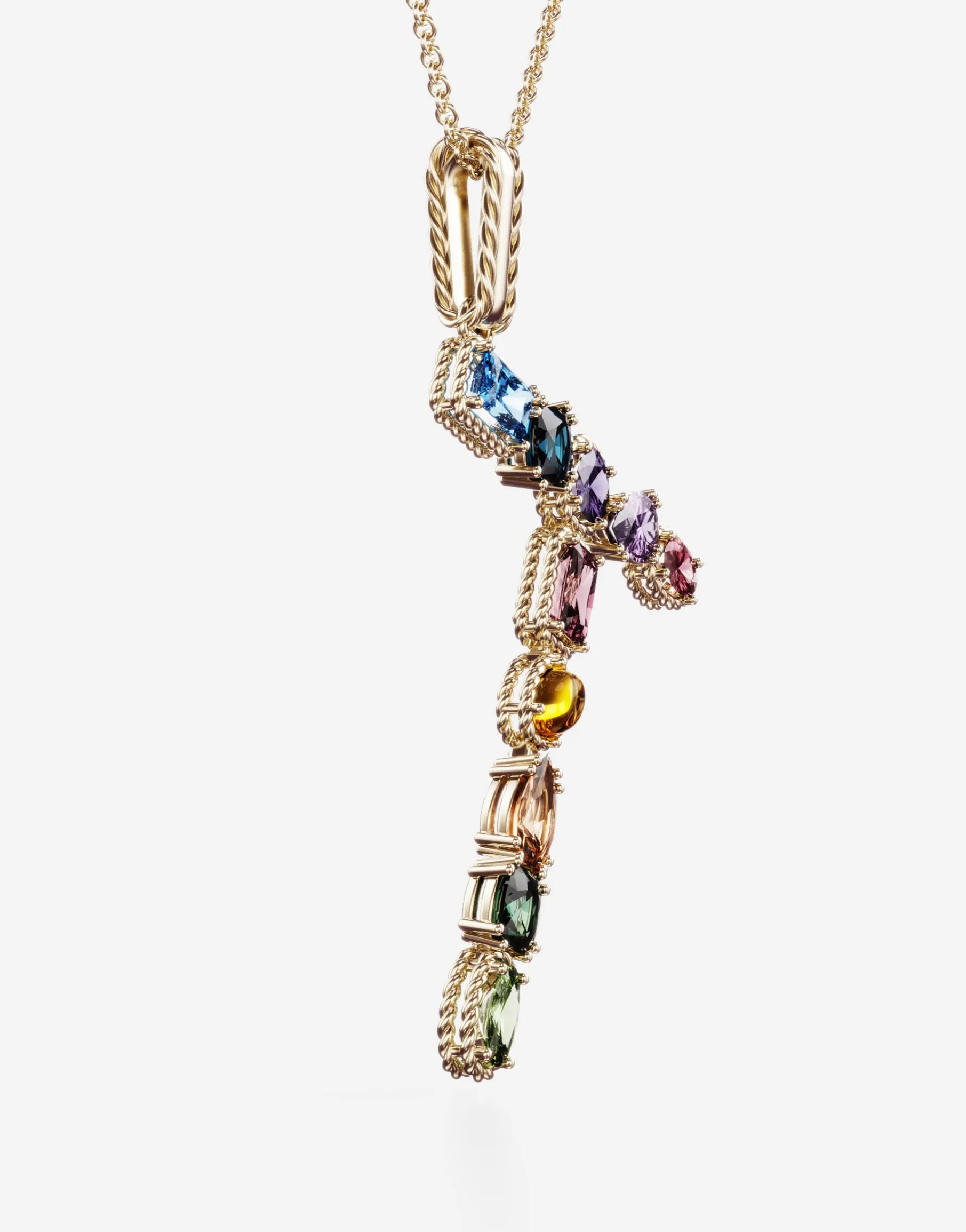 Rainbow alphabet T pendant in yellow gold with multicolor fine gems