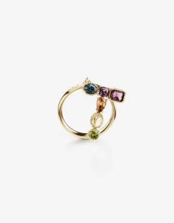 Rainbow alphabet T ring in yellow gold with multicolor fine gems