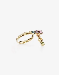 Rainbow alphabet T ring in yellow gold with multicolor fine gems