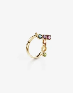 Rainbow alphabet T ring in yellow gold with multicolor fine gems