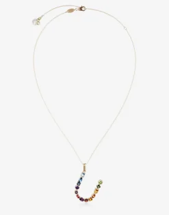 Rainbow alphabet U pendant in yellow gold with multicolor fine gems