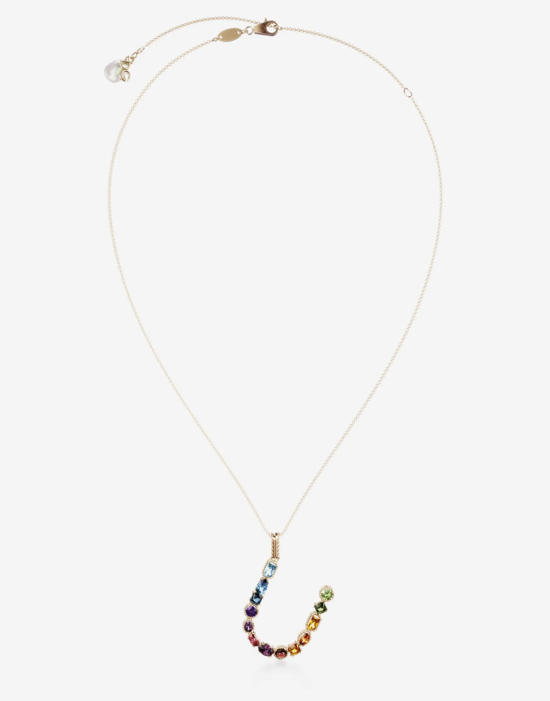 Rainbow alphabet U pendant in yellow gold with multicolor fine gems