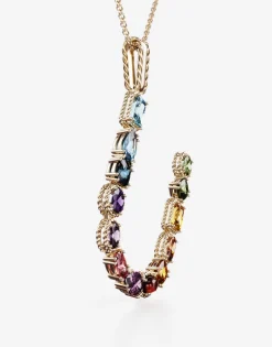 Rainbow alphabet U pendant in yellow gold with multicolor fine gems