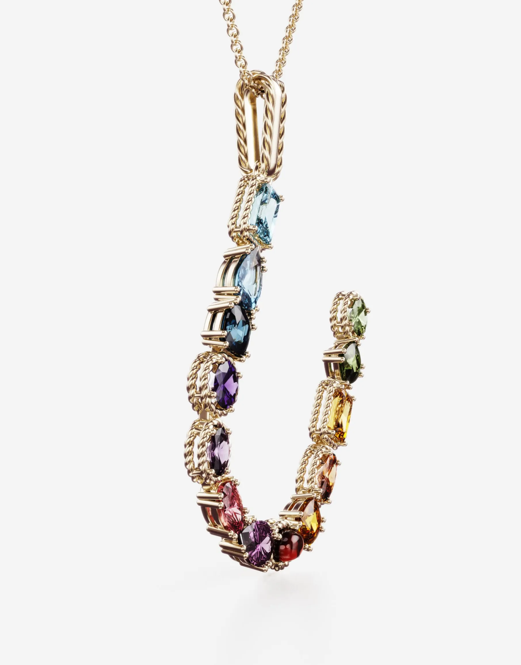 Rainbow alphabet U pendant in yellow gold with multicolor fine gems