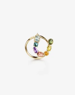 Rainbow alphabet U ring in yellow gold with multicolor fine gems