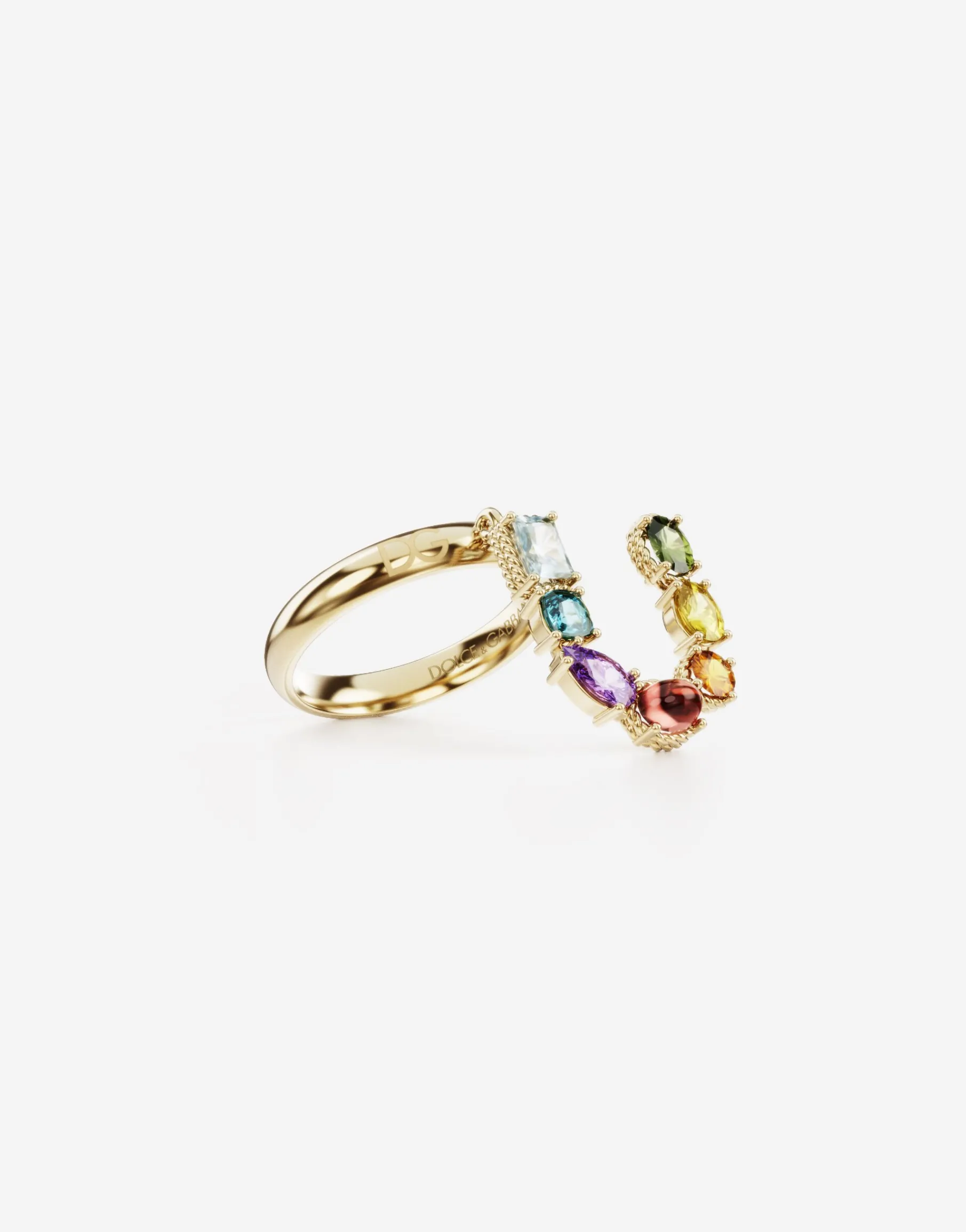 Rainbow alphabet U ring in yellow gold with multicolor fine gems