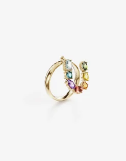 Rainbow alphabet U ring in yellow gold with multicolor fine gems
