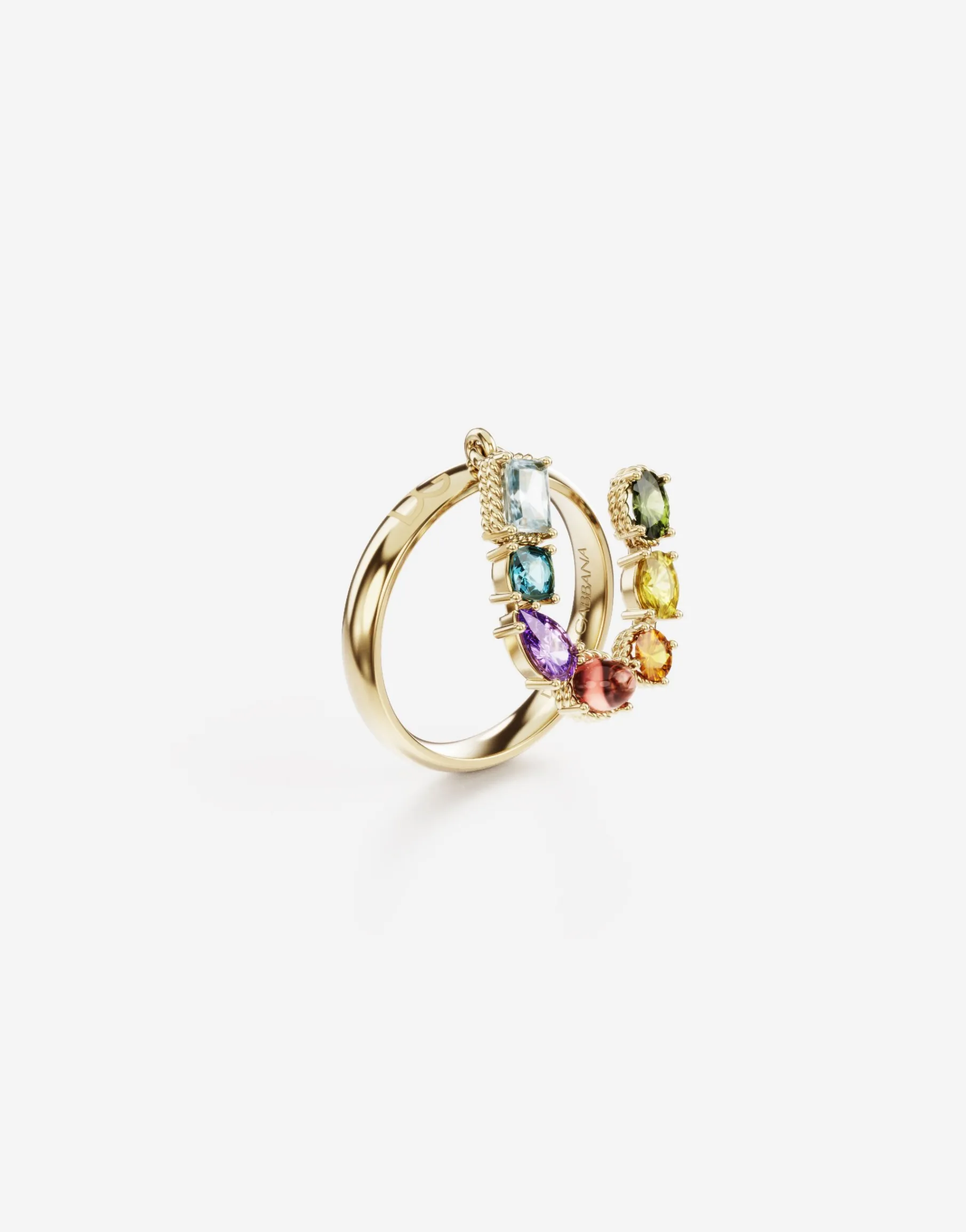 Rainbow alphabet U ring in yellow gold with multicolor fine gems