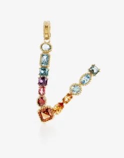 Rainbow alphabet V 18 kt yellow gold charm with multicolor fine gems