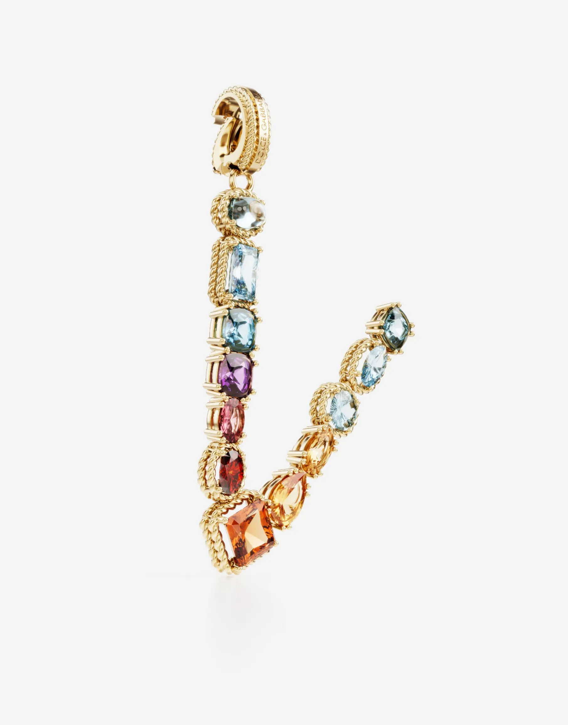 Rainbow alphabet V 18 kt yellow gold charm with multicolor fine gems