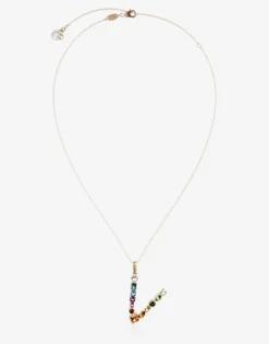 Rainbow alphabet V pendant in yellow gold with multicolor fine gems
