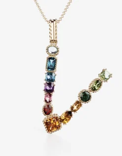 Rainbow alphabet V pendant in yellow gold with multicolor fine gems
