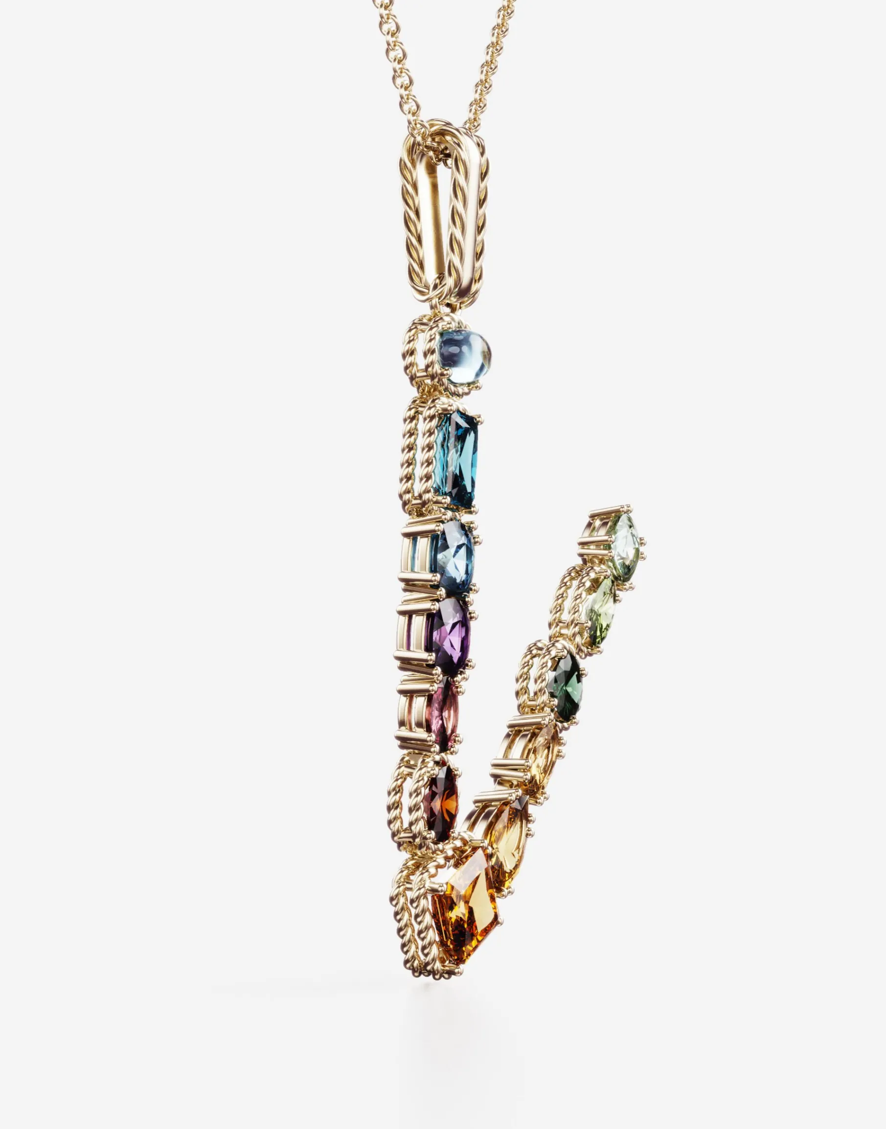 Rainbow alphabet V pendant in yellow gold with multicolor fine gems
