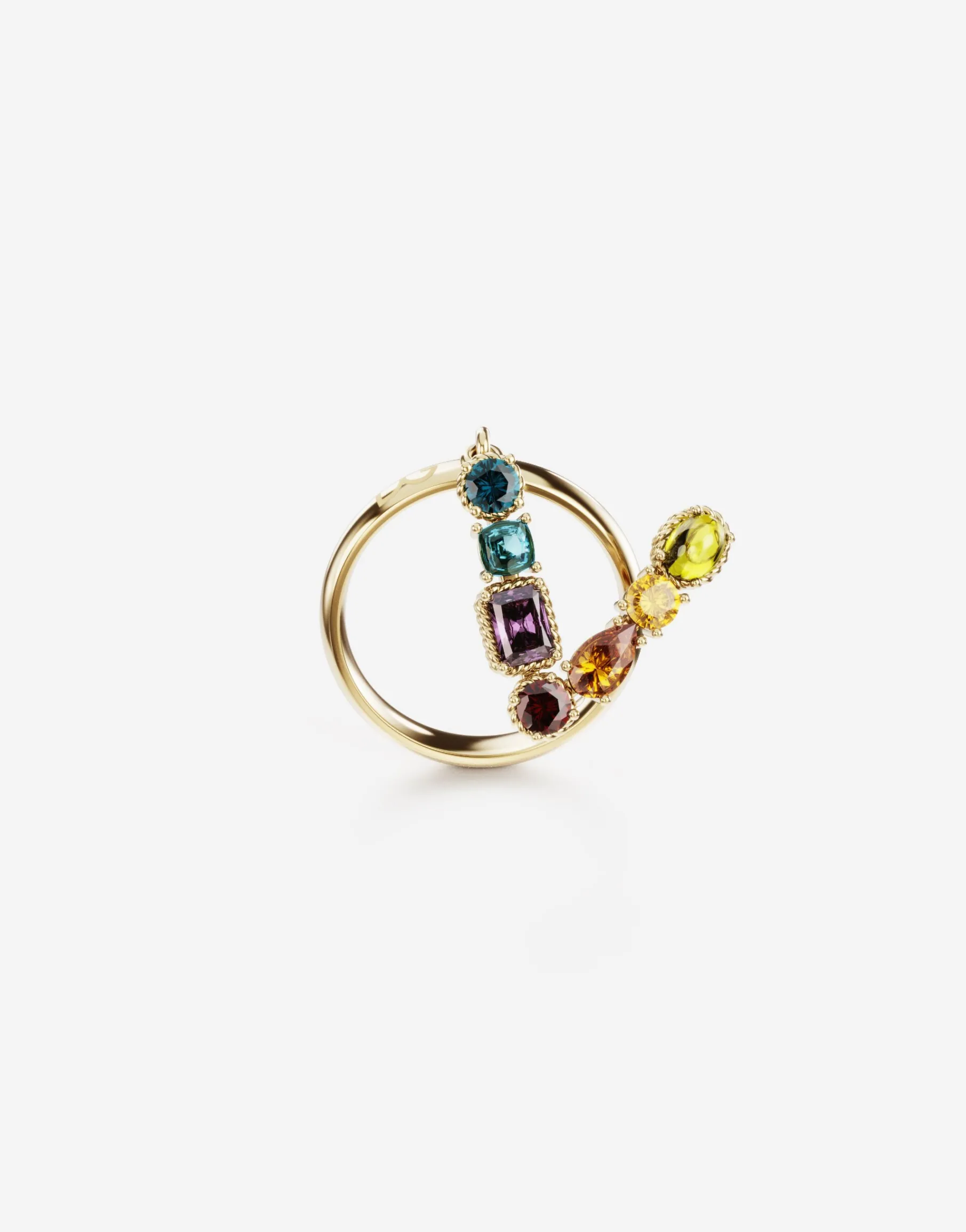 Rainbow alphabet V ring in yellow gold with multicolor fine gems
