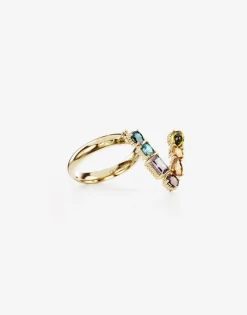 Rainbow alphabet V ring in yellow gold with multicolor fine gems