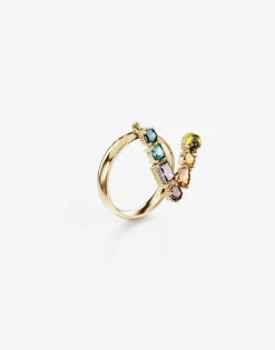 Rainbow alphabet V ring in yellow gold with multicolor fine gems