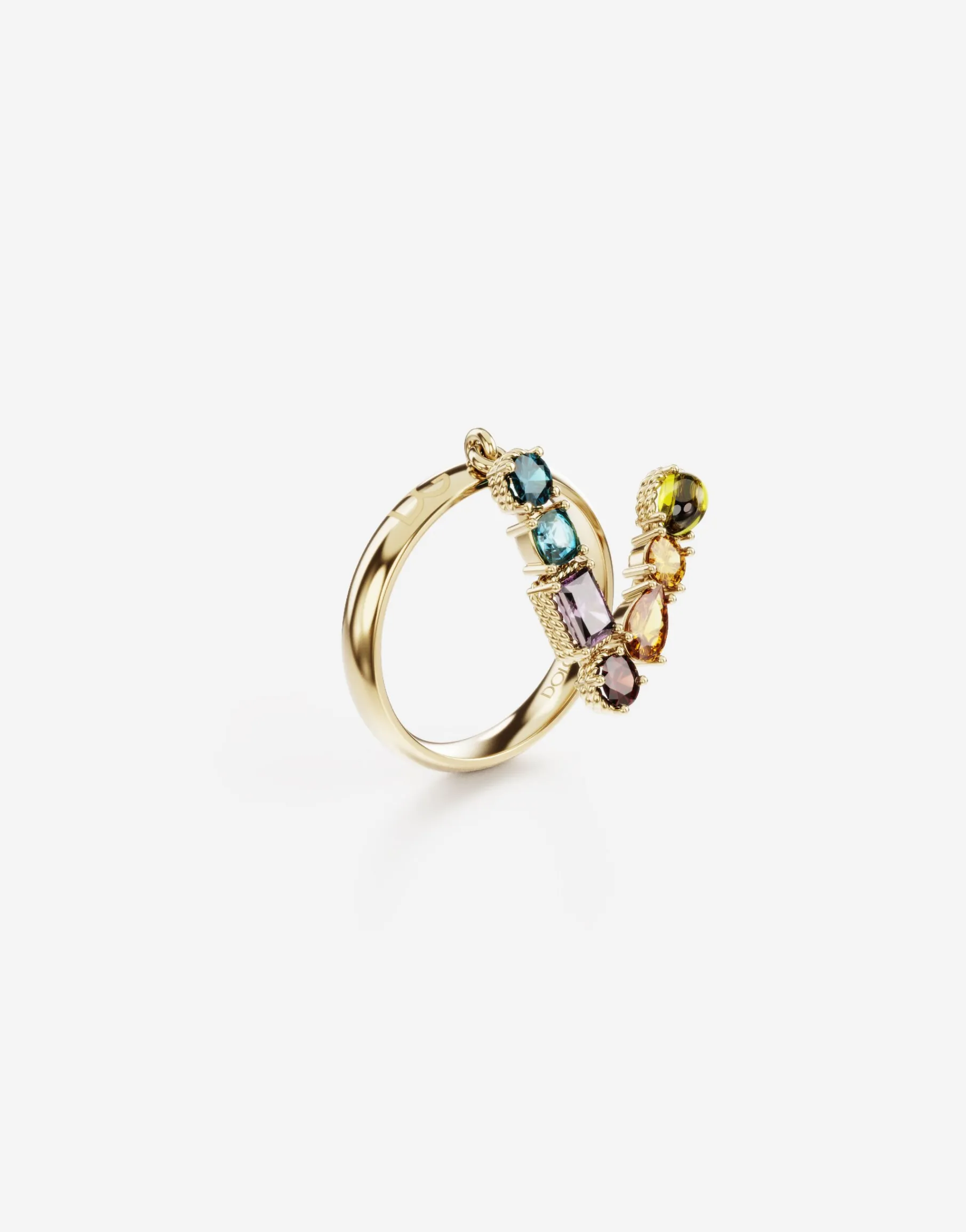 Rainbow alphabet V ring in yellow gold with multicolor fine gems