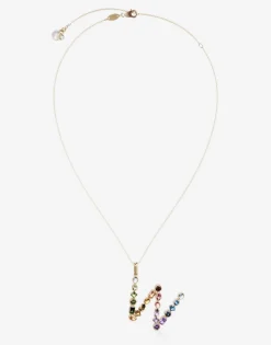 Rainbow alphabet W pendant in yellow gold with multicolor fine gems