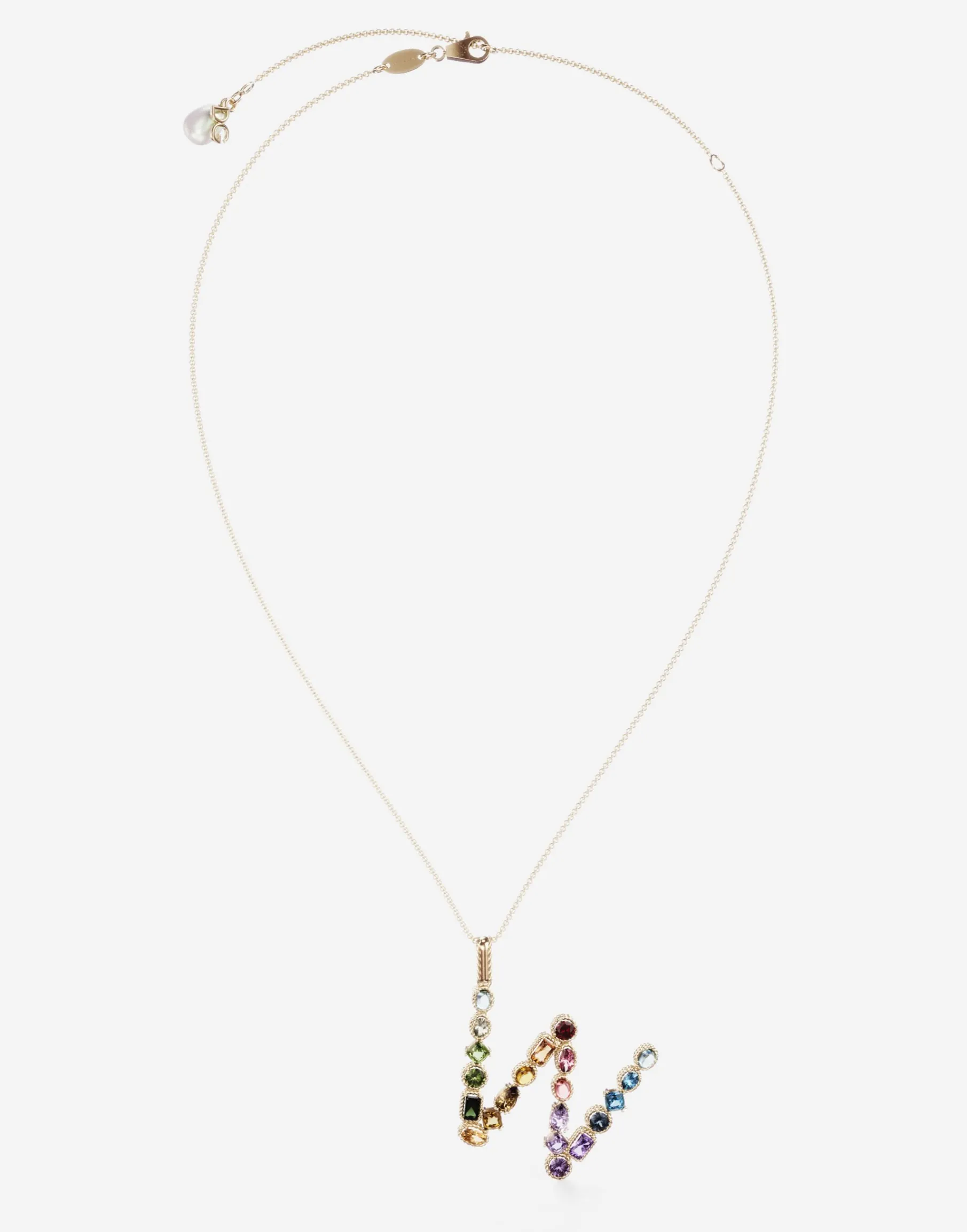 Rainbow alphabet W pendant in yellow gold with multicolor fine gems