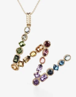 Rainbow alphabet W pendant in yellow gold with multicolor fine gems