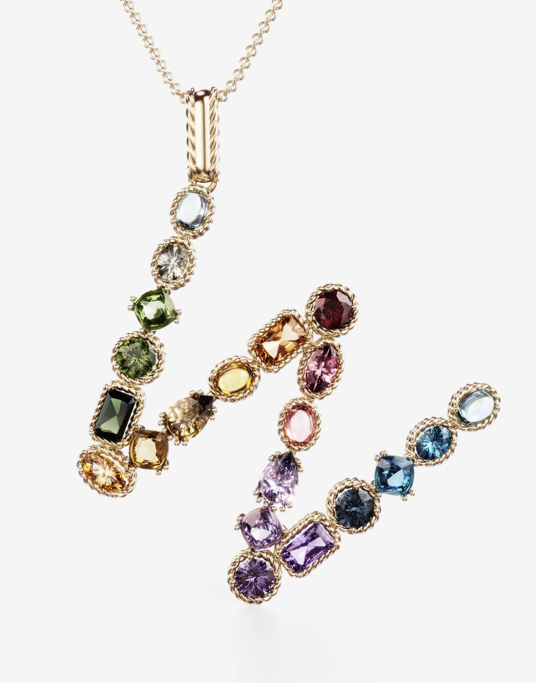 Rainbow alphabet W pendant in yellow gold with multicolor fine gems