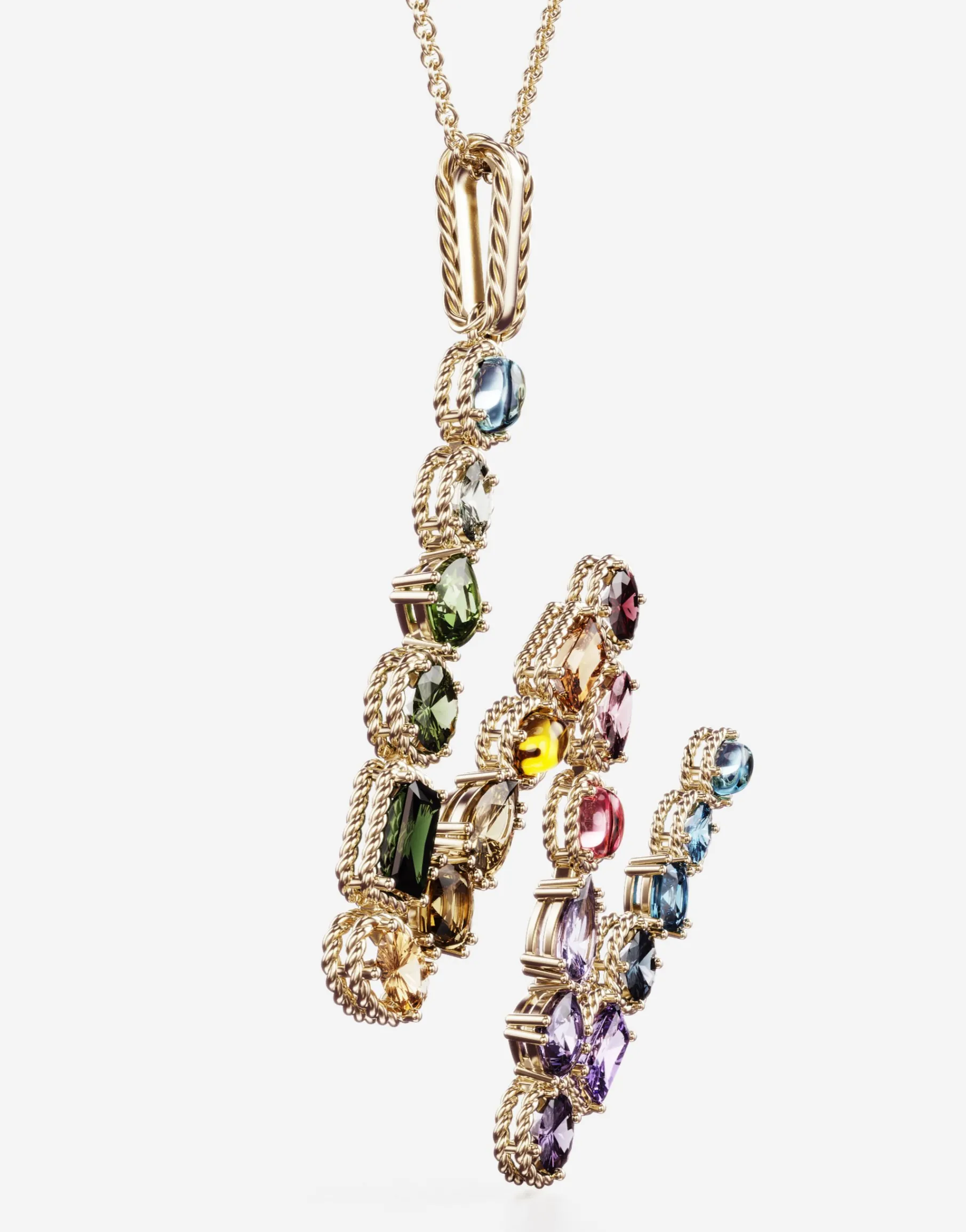 Rainbow alphabet W pendant in yellow gold with multicolor fine gems