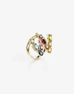 Rainbow alphabet W ring in yellow gold with multicolor fine gems