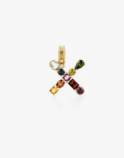 Rainbow alphabet X 18 kt yellow gold charm with multicolor fine gems