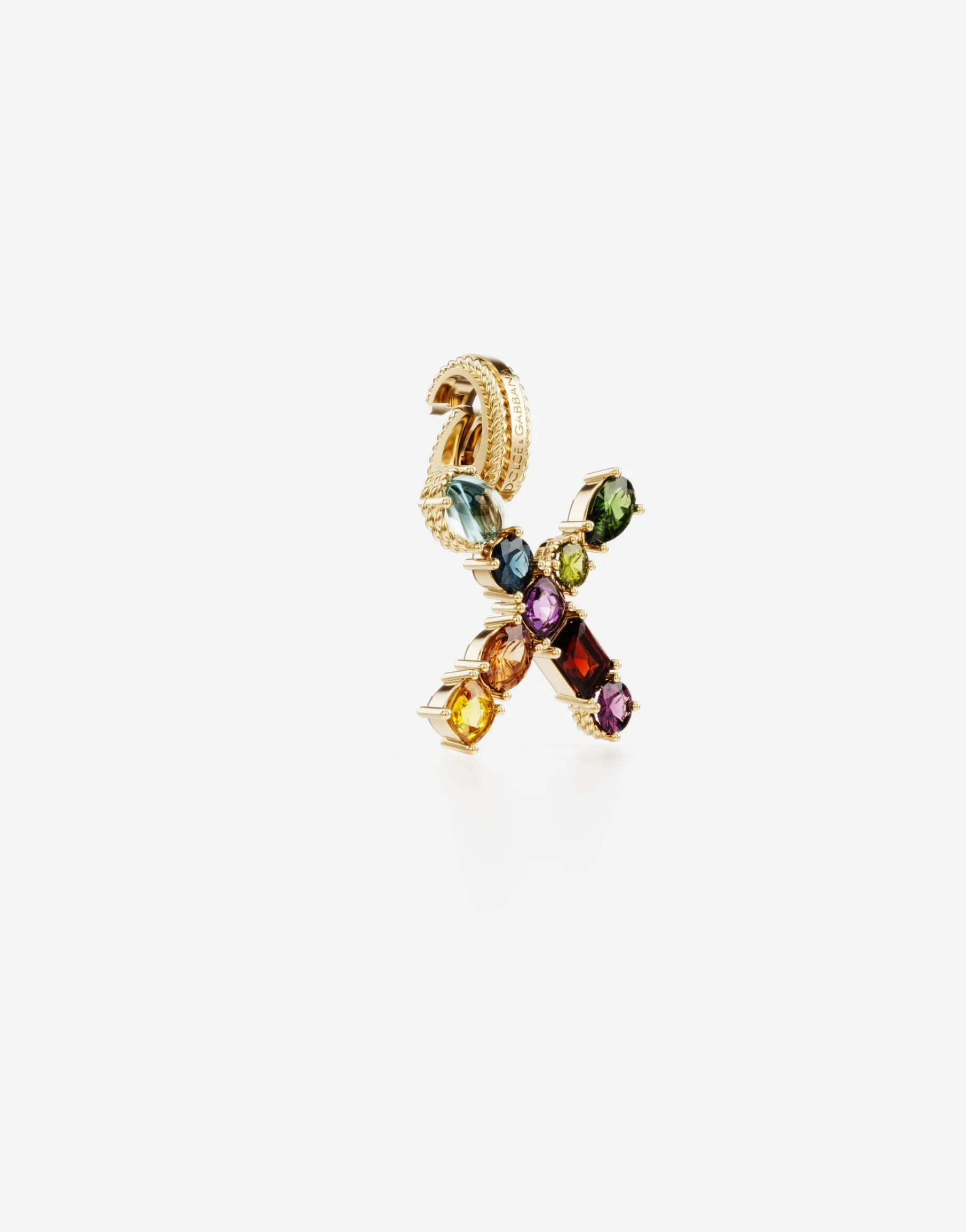 Rainbow alphabet X 18 kt yellow gold charm with multicolor fine gems