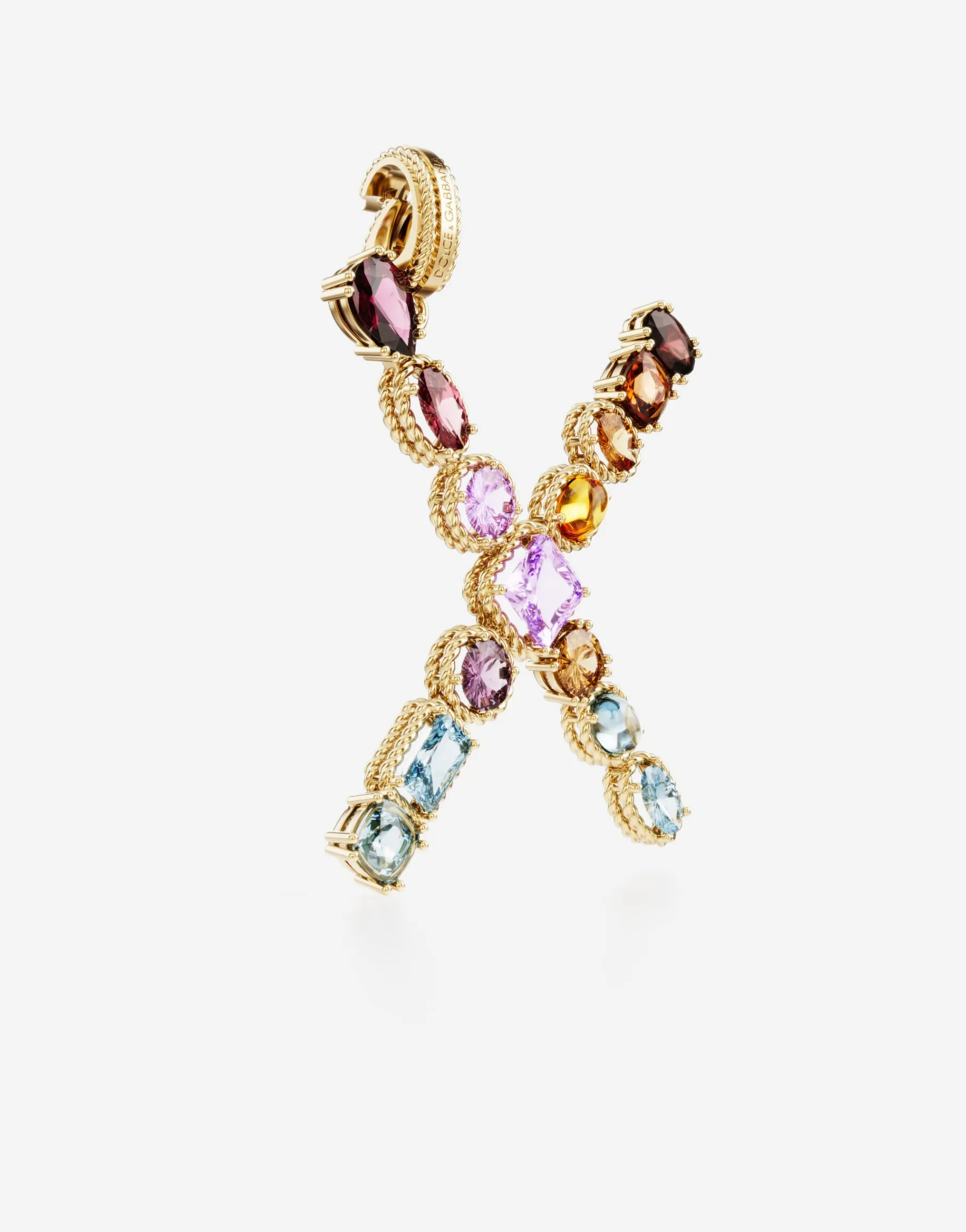 Rainbow alphabet X 18 kt yellow gold charm with multicolor fine gems